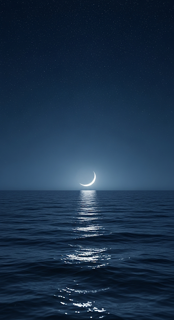 Starry Night Over Deep Ocean with Crescent Moon Reflection Path - Free mobile Wallpaper