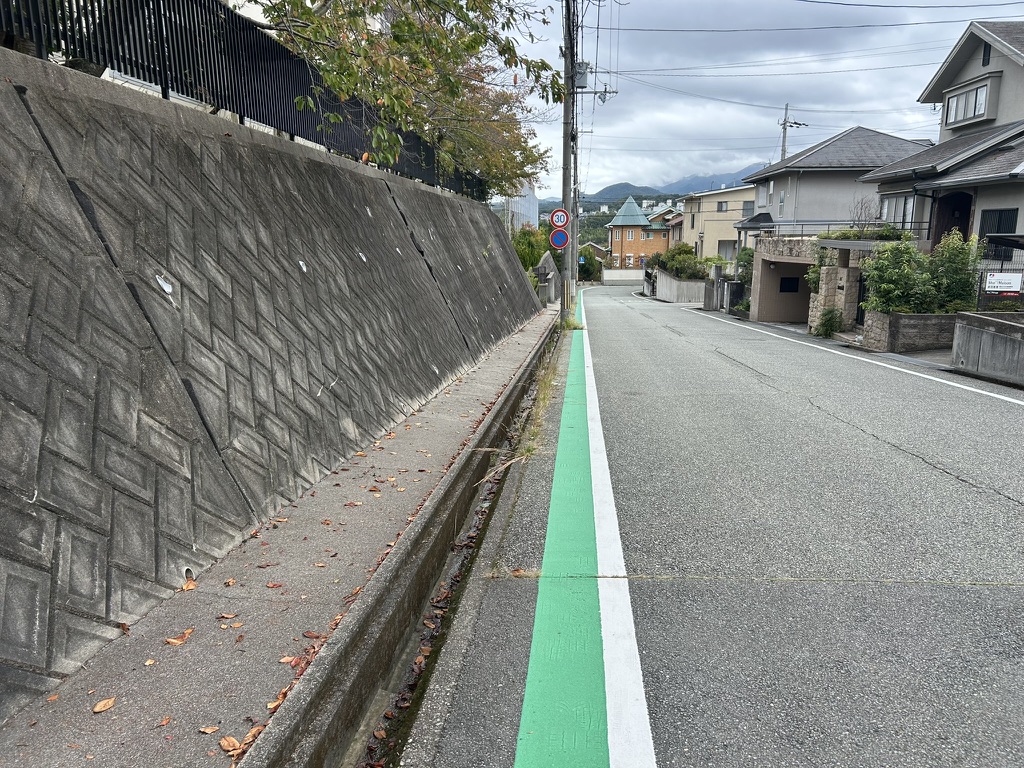 路側帯を緑色に塗った生活道路。速度30キロの標識がある