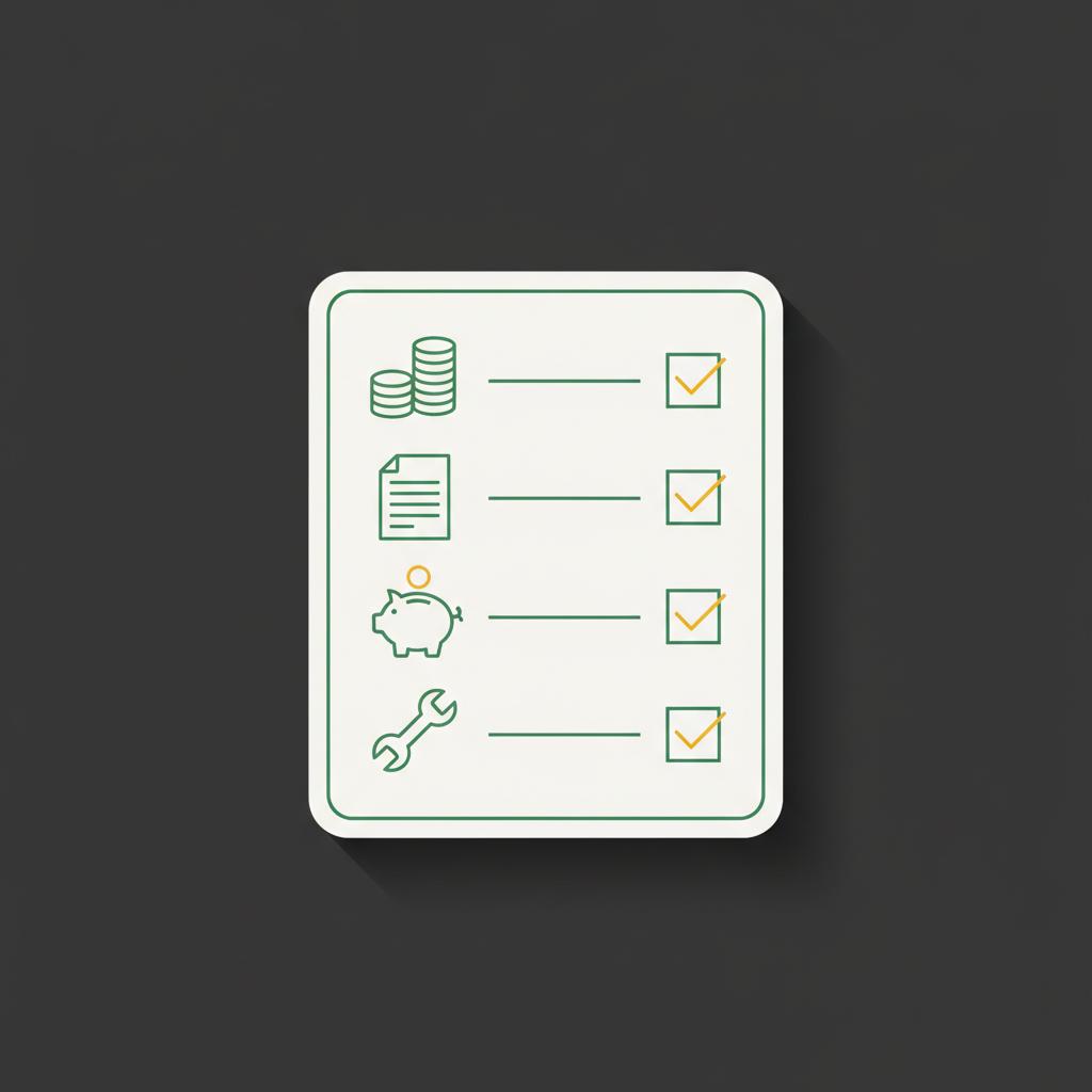 Minimalist 2D vector clipboard checklist with icons for down payment closing costs reserves and repairs illustrating how can i buy a rental property