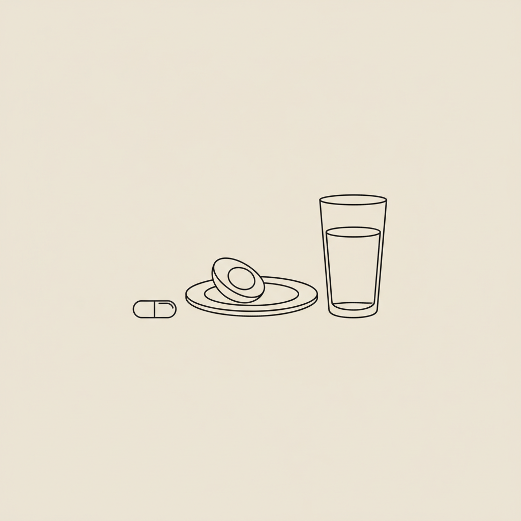Minimalist line illustration of a plate with a boiled egg, glass of water and a capsule on a beige background, symbolizing healthy choices for overnight belly fat loss.