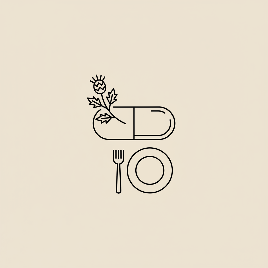 Minimal Tonum-style line illustration of a capsule, milk thistle sprig, and plate with fork on beige background, conceptual visual for most effective weight loss drug.