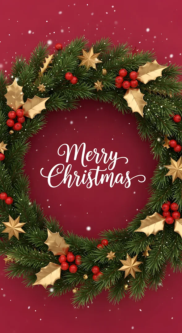 Classic Christmas Wreath Golden Stars Red Berries