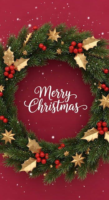 Classic Christmas Wreath Golden Stars Red Berries - Free mobile Wallpaper