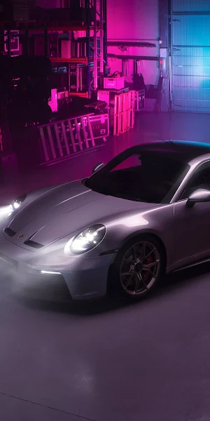 Porsche, Gt3, Silver, Neon, Warehouse 4K Wallpaper Background