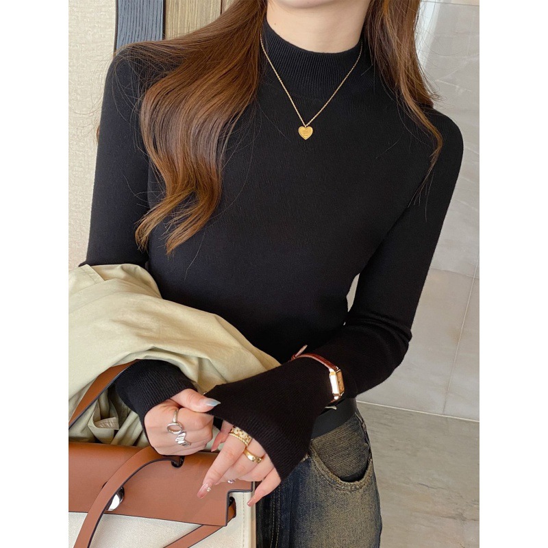 Women's knitted sweater, stand-up collar, fitted
