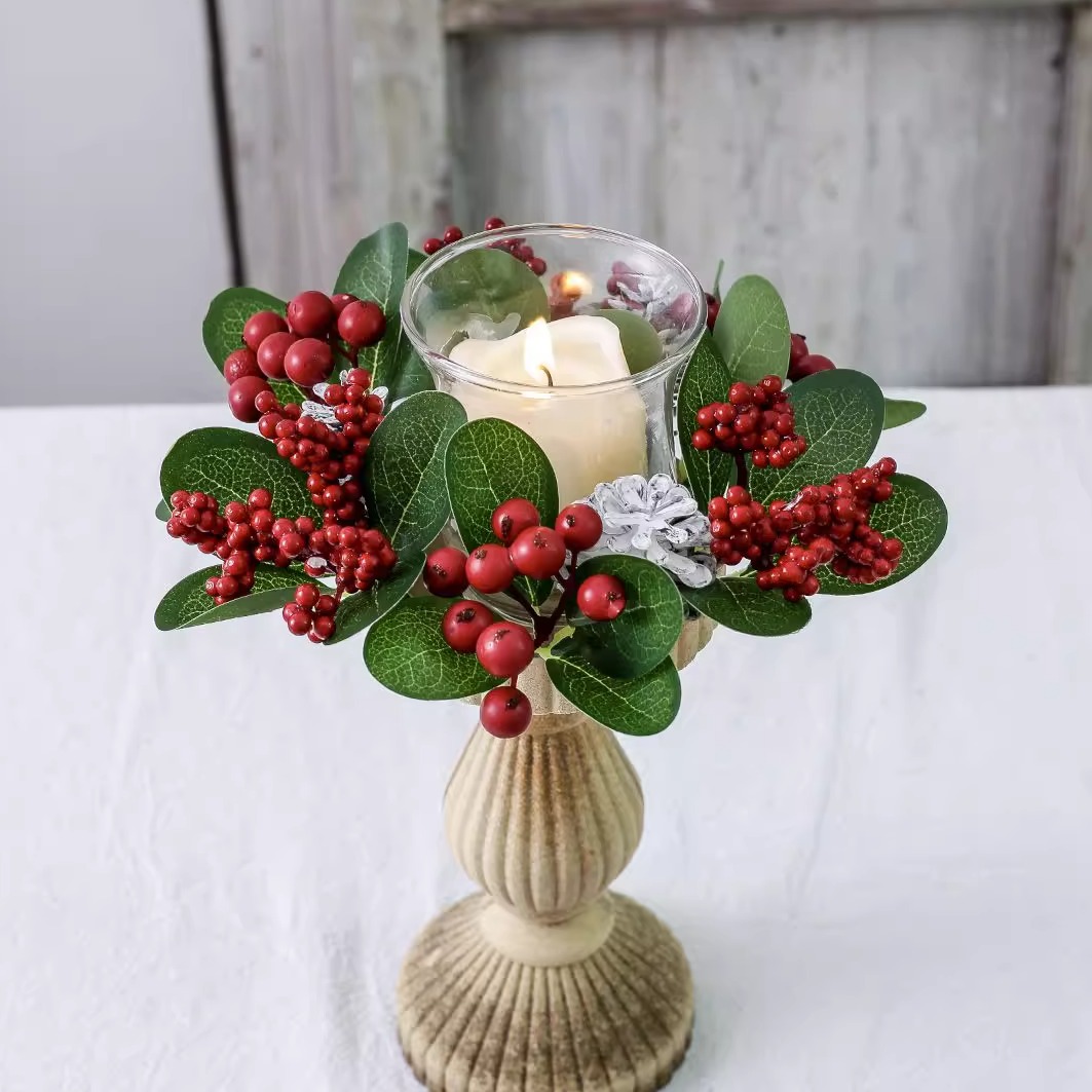 Christmas candle wreath with pine cones and red berries, 30 cm