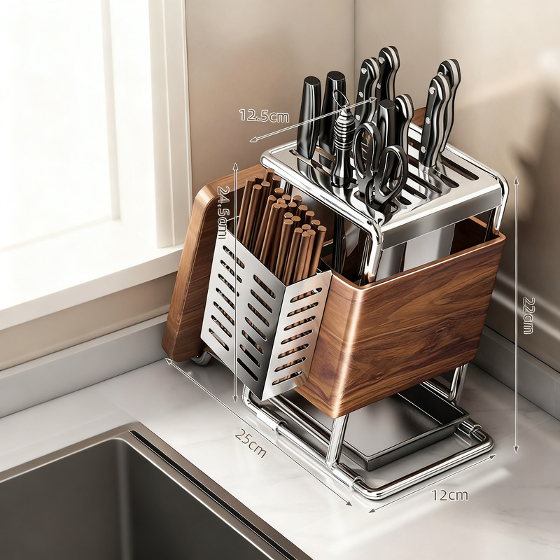 Knife holder made of carbon steel with cutlery compartment