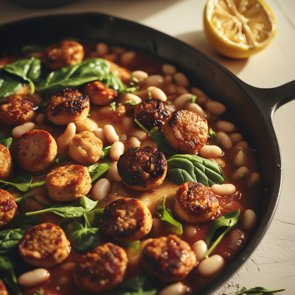 Harissa-Infused Chicken Sausage & White Bean Protein Skillet with Charred Lemon