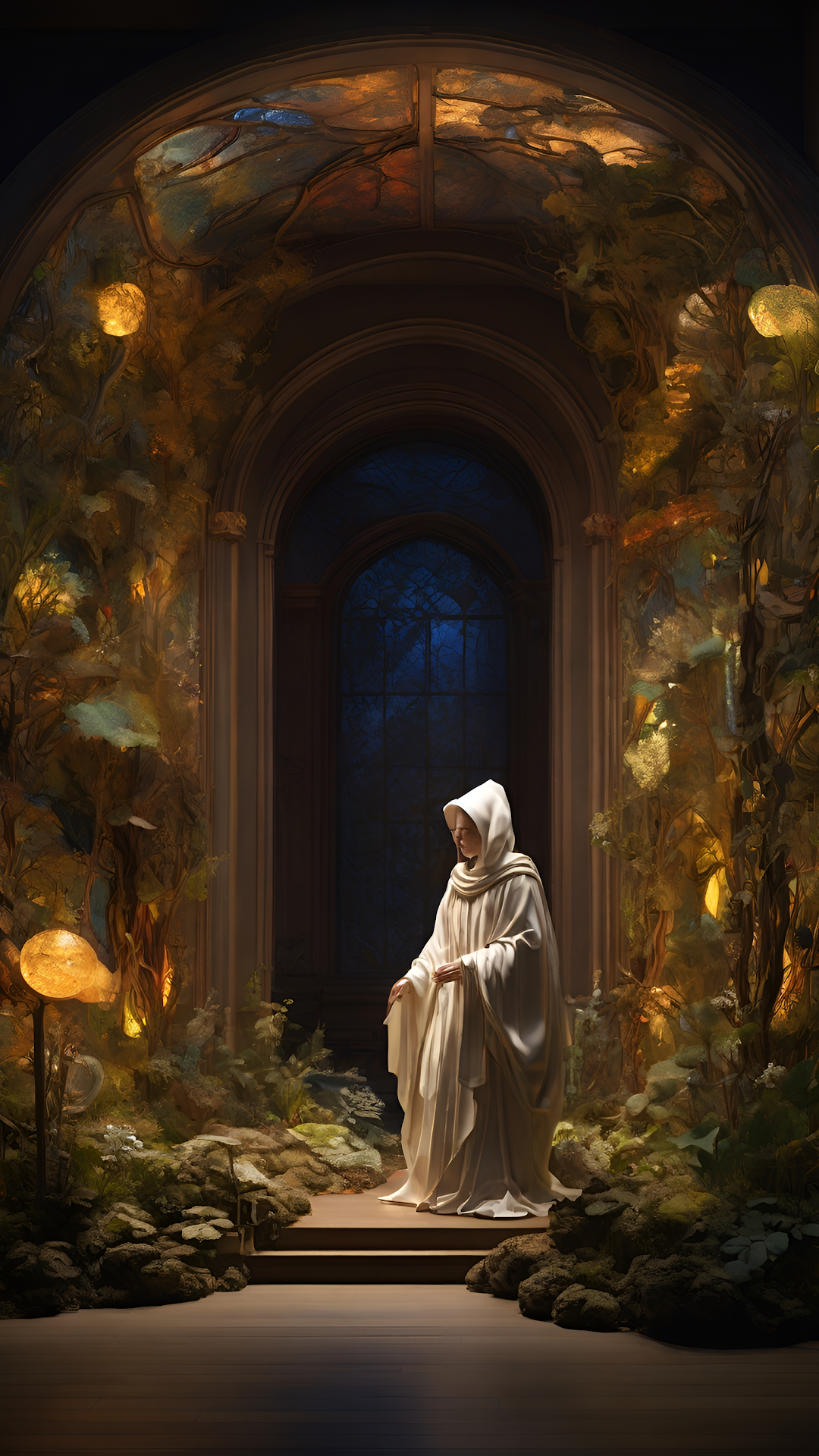 Monk in White Robe Standing Beneath Enchanted Arched Doorway - Free 4K mobile Wallpaper