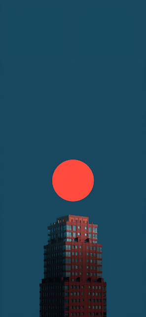 Geometric Skyscraper Minimalist Red Sun Teal Sky Art - Free mobile Wallpaper