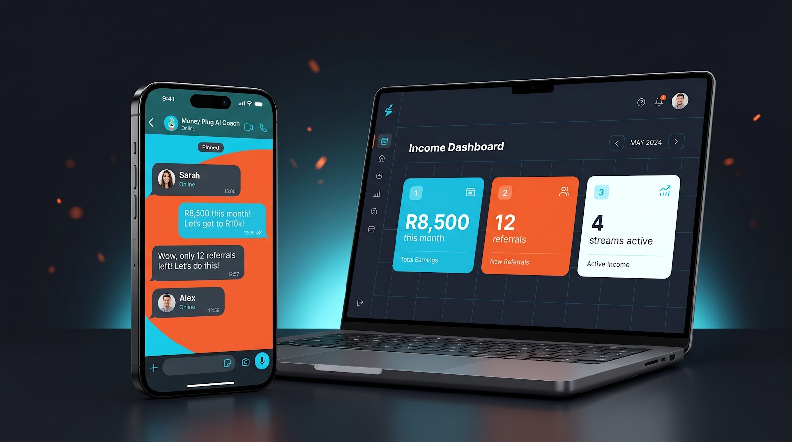 The Money Plug AI Coach in action. Phone chat showing R8,500 month message, laptop showing income dashboard.