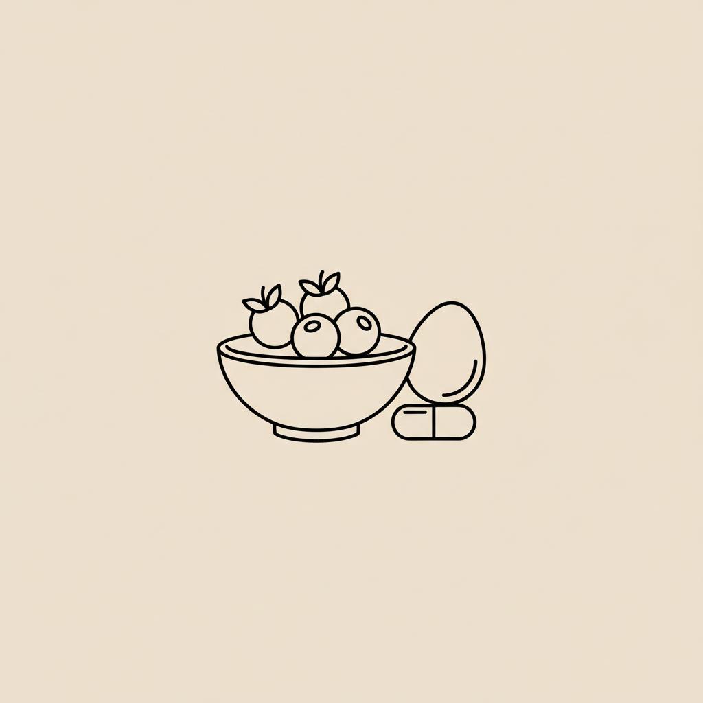 Minimalist Tonum-style line illustration of a bowl with berries, an egg, and a small supplement capsule on a beige background representing causes of sugar cravings.