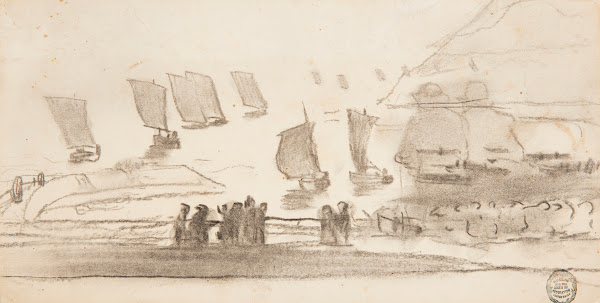 Beach Scene with People and Fishing Boats Cullercoats England 1881 1882