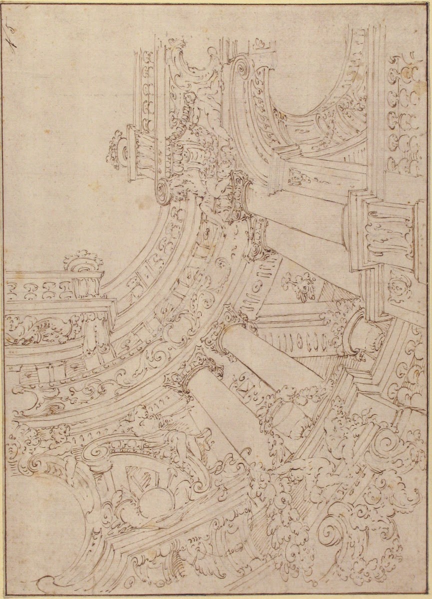 Foreshortened View of a Ceiling Corner Decorated with Columns Urns and Putti Han