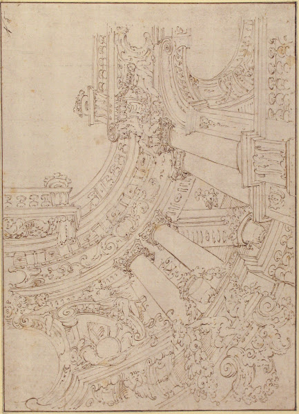 Foreshortened View of a Ceiling Corner Decorated with Columns Urns and Putti Han