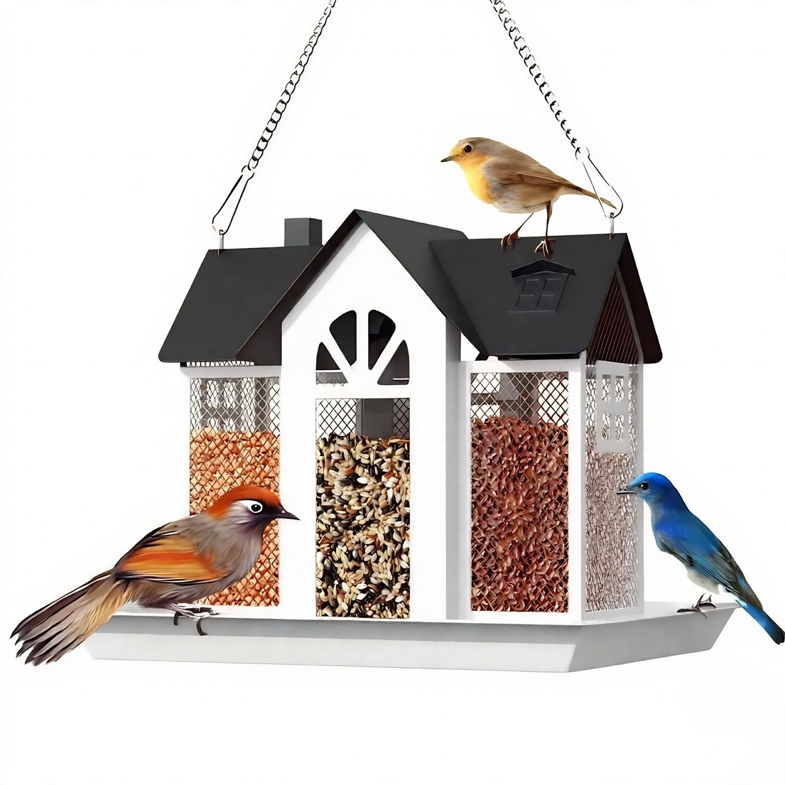 Metal birdhouse with chain for hanging decoration