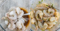Tôm làm sạch, lột sạch vỏ chừa lại phần đuôi, bỏ luôn đầu tôm, rửa sạch, để ráo nước. Nước sốt: cho 2 muỗng nước cốt chanh, 60ml dầu olive, 1 muỗng nước tương, 1 muỗng mật ong, 1 muỗng bộ gia vị cajun vào tô khuấy đều. Sau đó cho tôm vào tô gia vị, trộn thật đều lên, để 10 phút cho thấm.