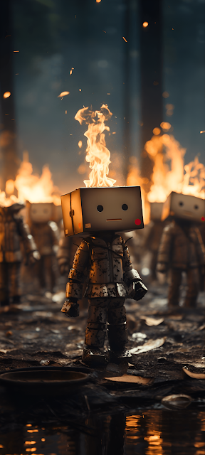 Box Robot with Burning Head in Apocalyptic Forest - Free mobile Wallpaper