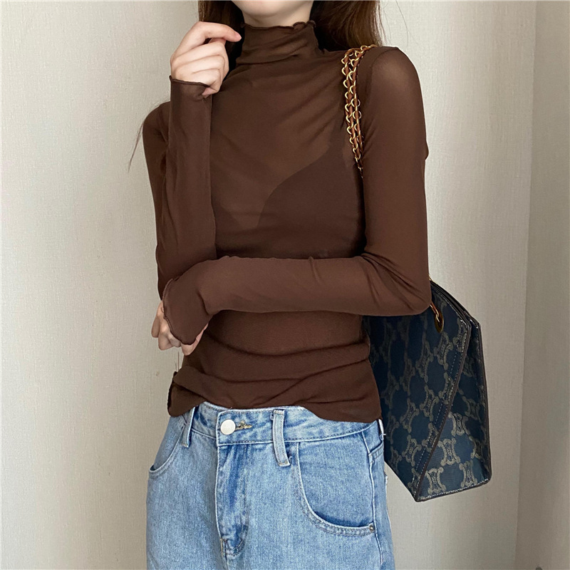 Lace and mesh roll-neck top for women