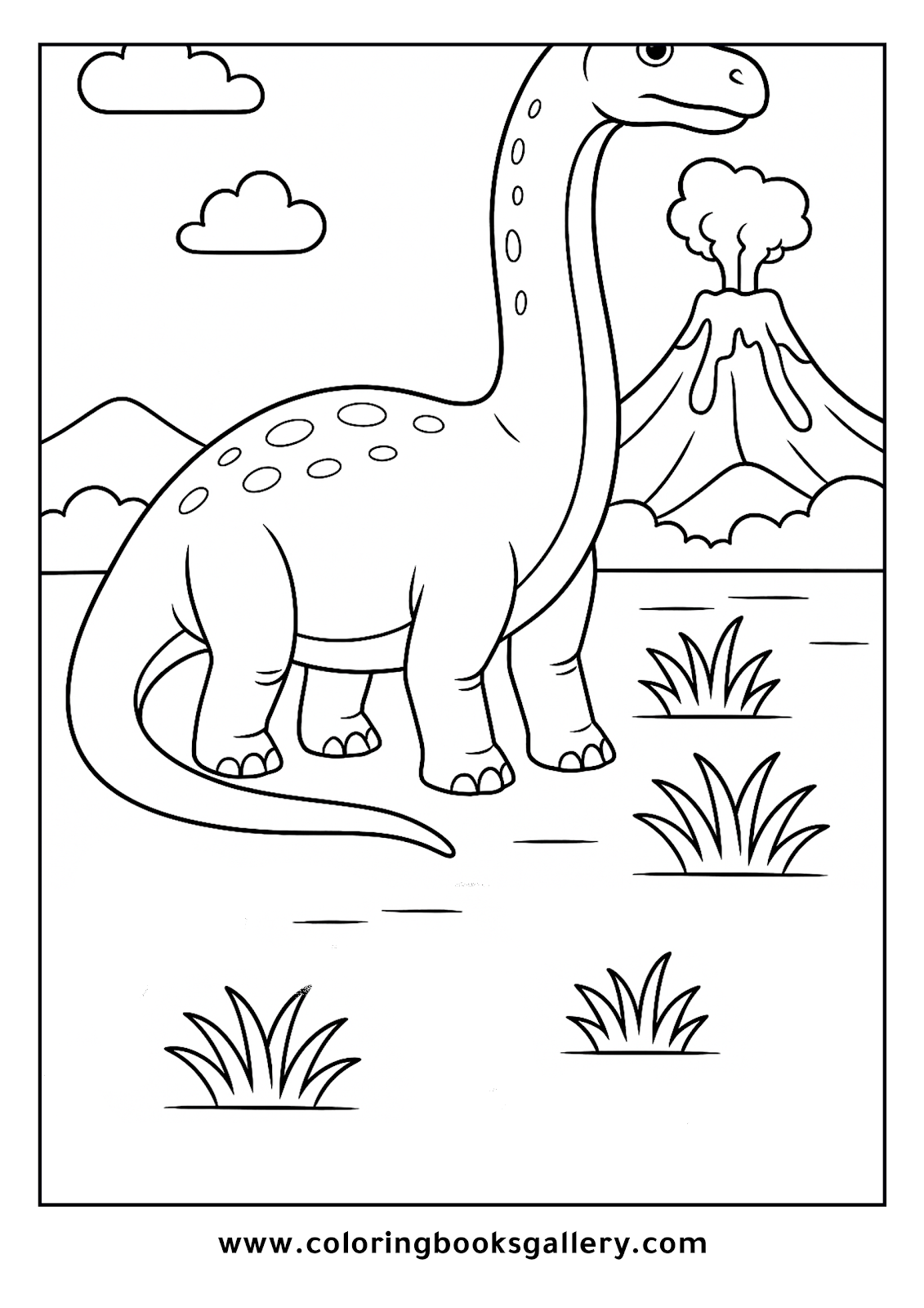 Coloring Fun with a Realistic Brachiosaurus and Volcano Scene for Kids – free coloring page for kids