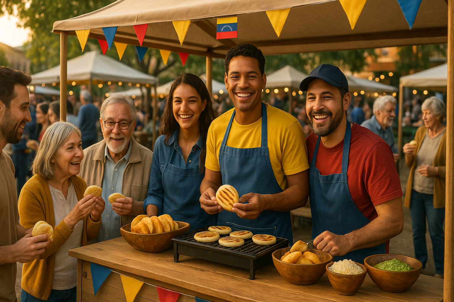 Venezolanos reunidos en un mercado al aire libre comprando arepas