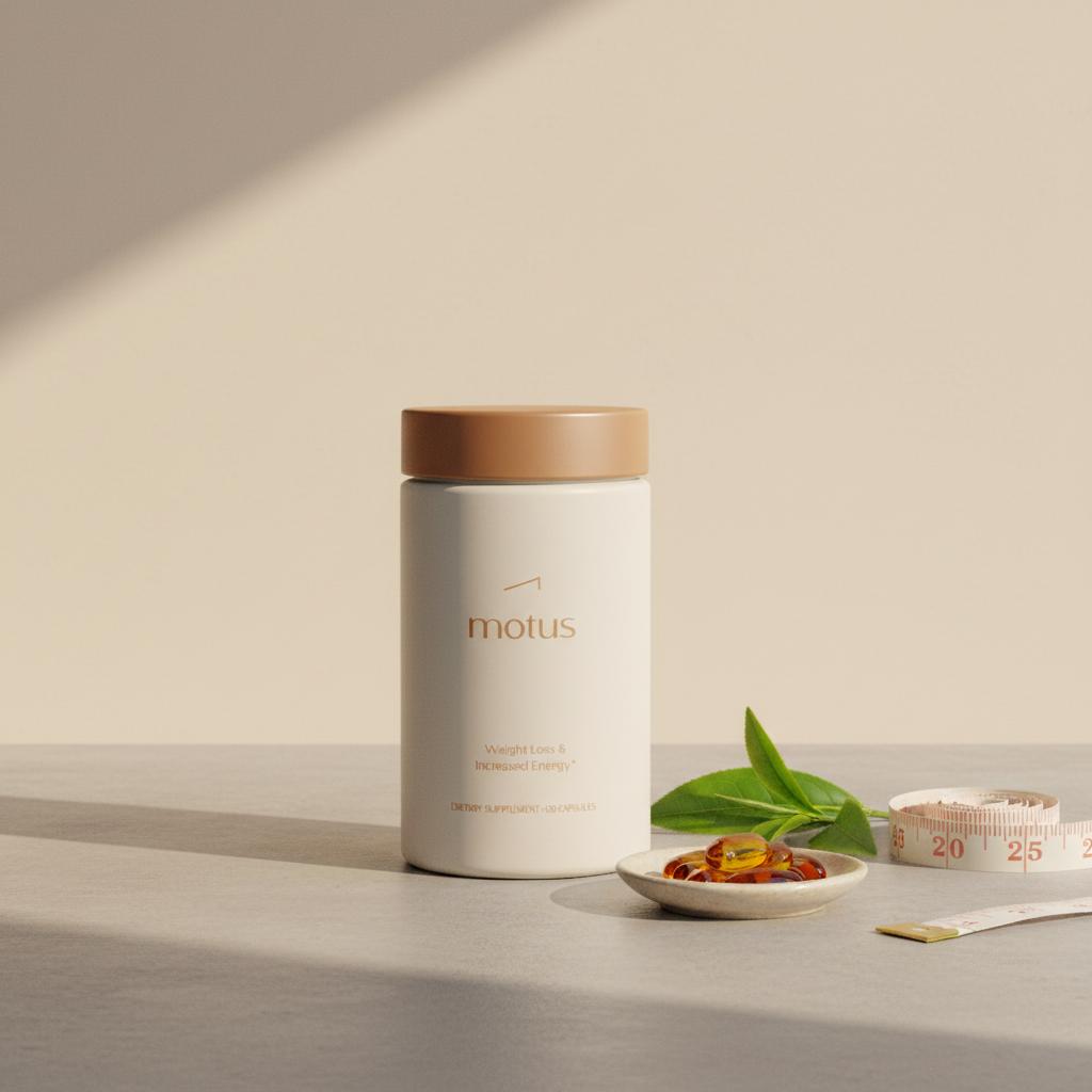 Tonum Motus container on a neutral stone counter with berberine capsules, green tea leaves and a measuring tape, suggesting fat oxidation support.