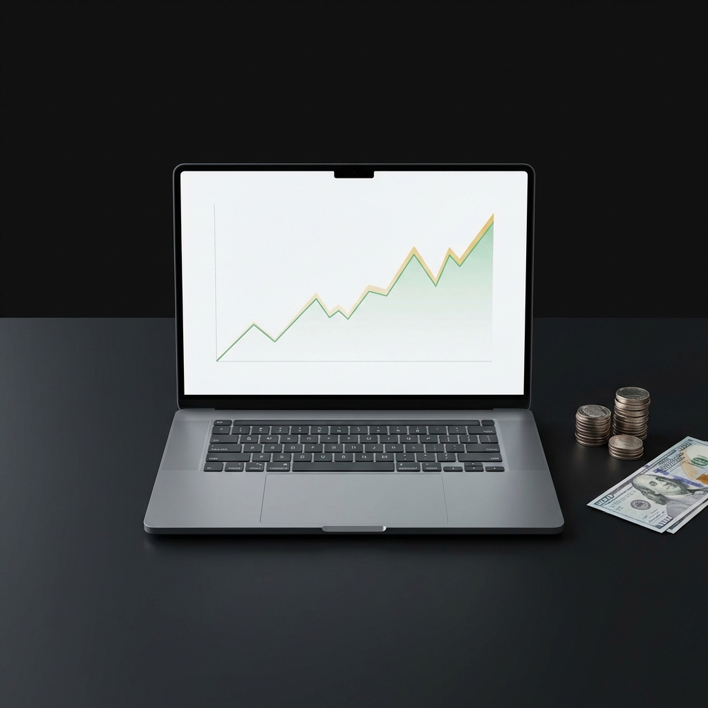 Is $100 enough to invest in stocks? Minimalist full frame desktop with laptop showing a simple ETF chart a small stack of coins and a partially visible 100 dollar bill on a dark Finance Police branded background
