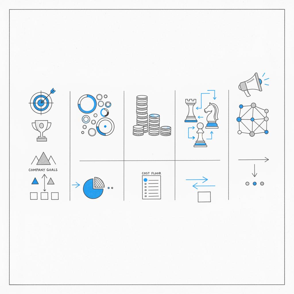 Hand-drawn, minimalist price experiment playbook with five columns representing company goals, customer segments, cost floor, competitive moves and channels &mdash; 5 C's of pricing visual