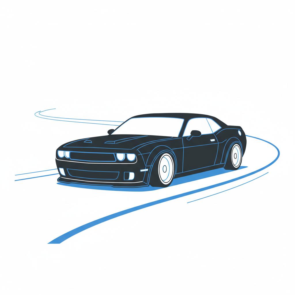 Minimalist 2D vector three quarter front view of a lowered muscle coupe on a twisty road in CarFax Deals white and blue palette trackhawk for sale