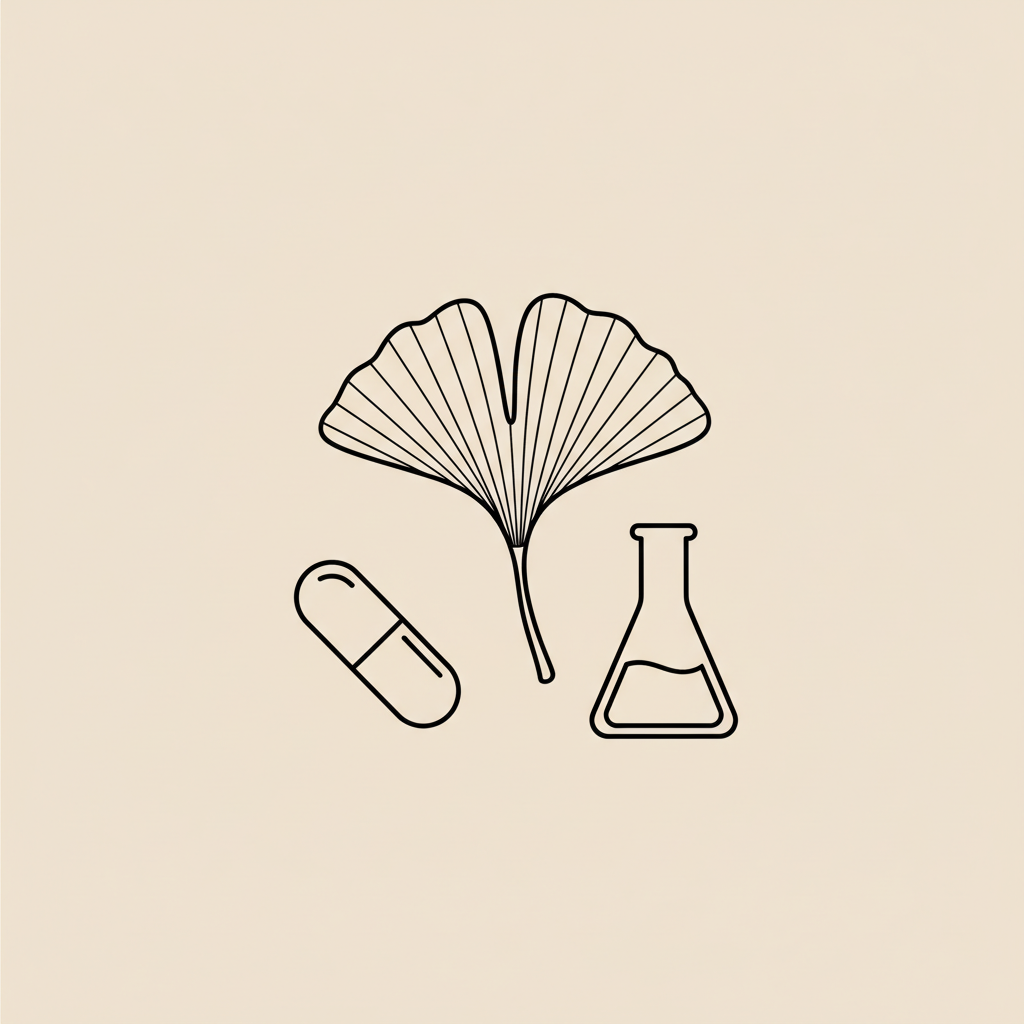 Is Ginkgo Biloba FDA approved? Minimal Tonum-style line illustration of a ginkgo leaf, capsule, and lab flask on beige #F2E5D5 background.