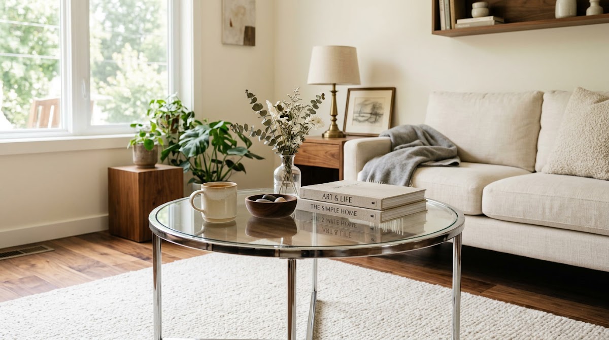 How to Style a Chrome Coffee Table Without Making Your Room Feel Cold - chrome decorative objects arranged on a warm wood console