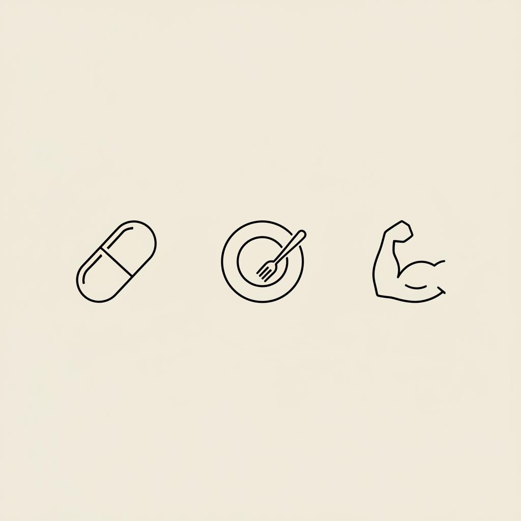 Minimalist Tonum-style line illustration of a capsule, small plate with fork, and abstract muscle icon on beige background, suggesting rapid unexplained weight loss causes