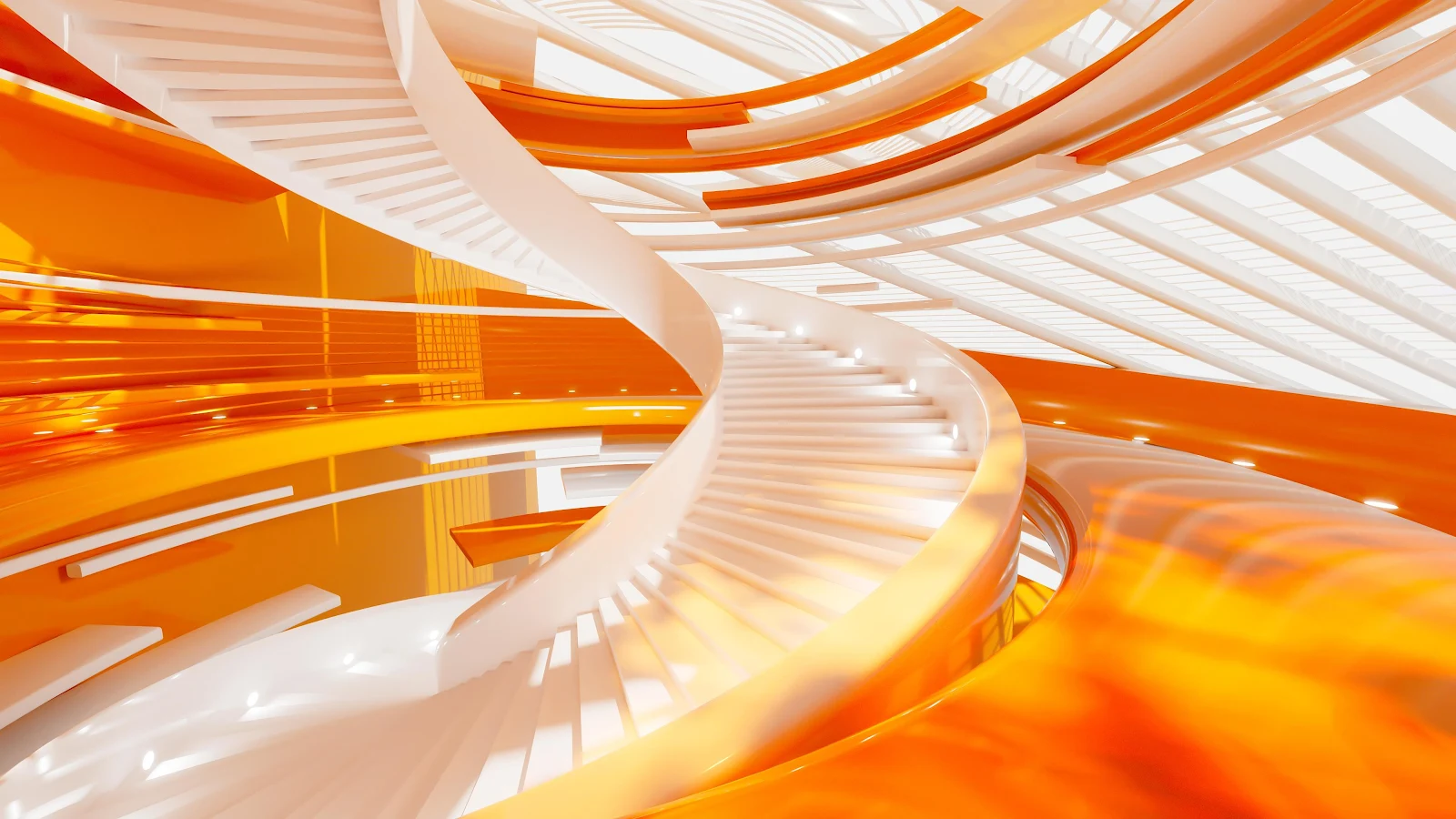 Futuristic Orange Spiral Staircase - Architectural Rendering 4K Wallpaper (3840x2160)
