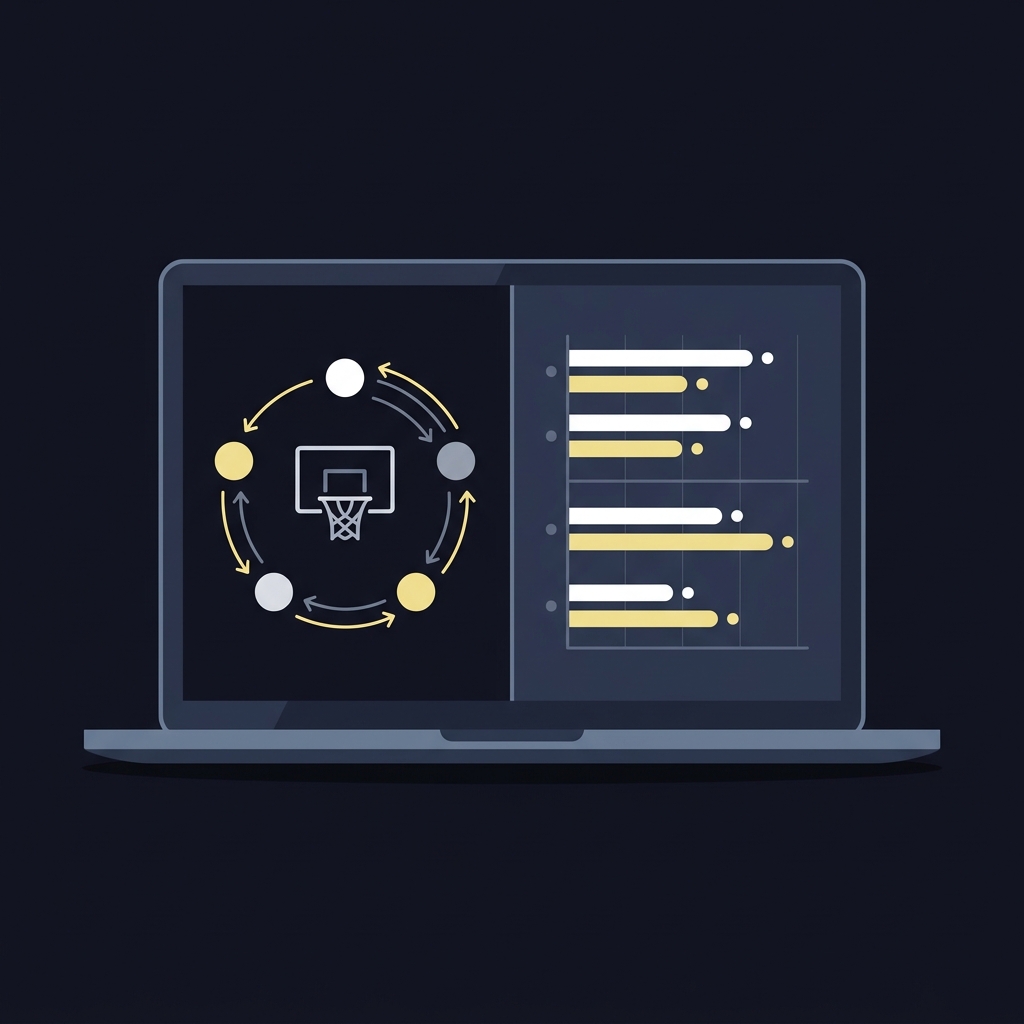 Using Rebounding Metrics in Matchup Analysis vector laptop screen with an annotated rotation chart using arrows and a simplified rebound rate table in Funded Plays colors no text or numbers