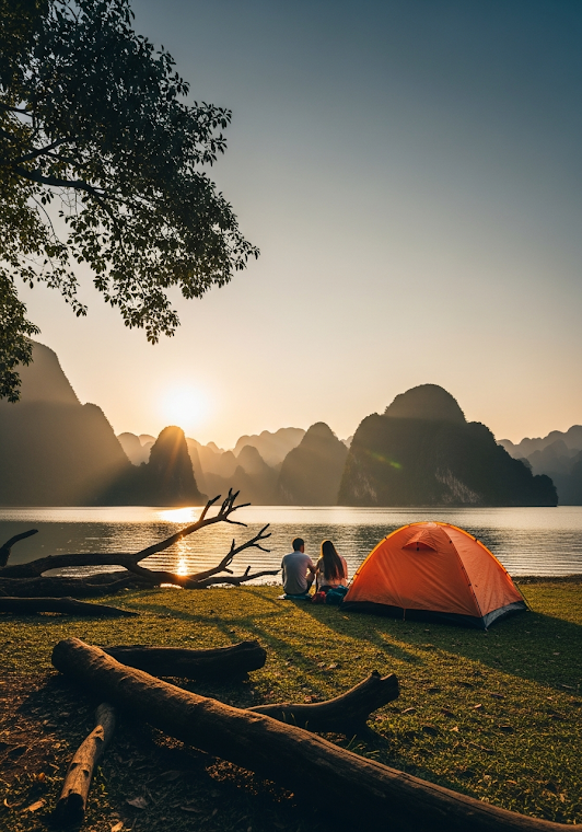 Couple Camping Lake Karst View
