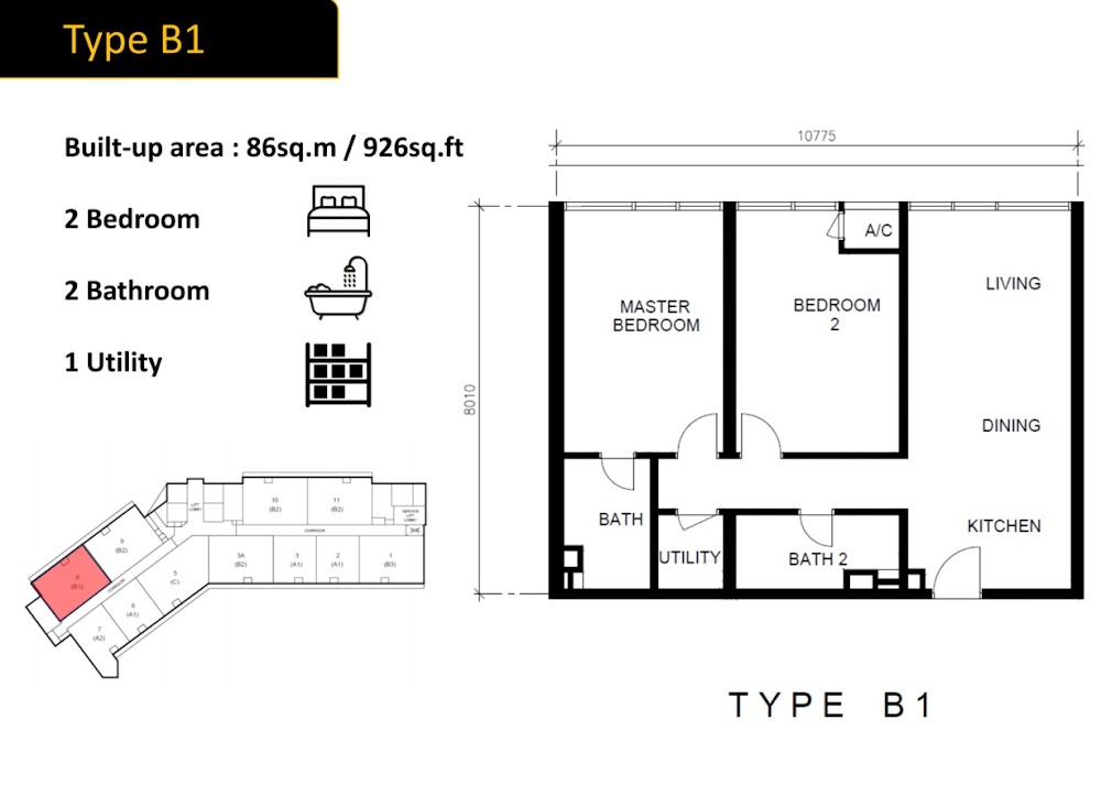 Golden Crown Type B1 floor plan — 926 sq ft, 3 bedrooms