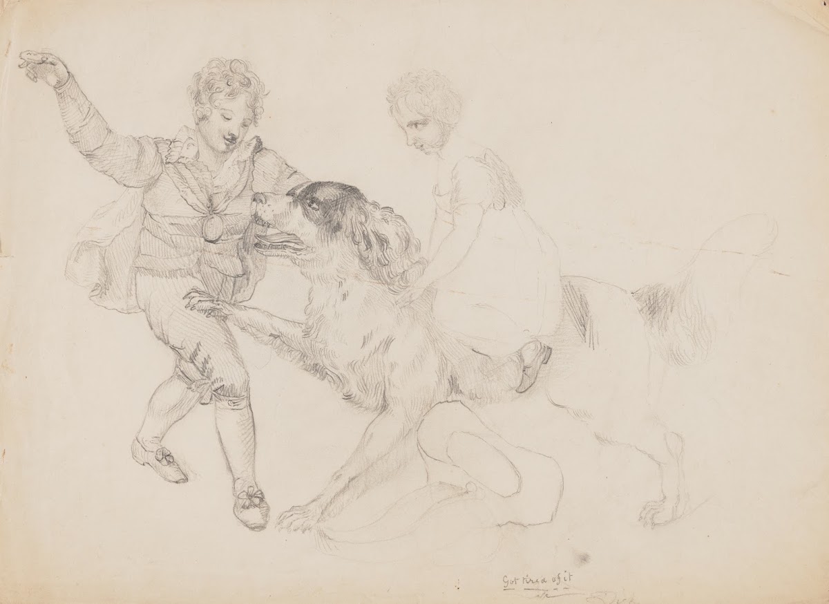 A boy and a girl playing with a large dog 1840