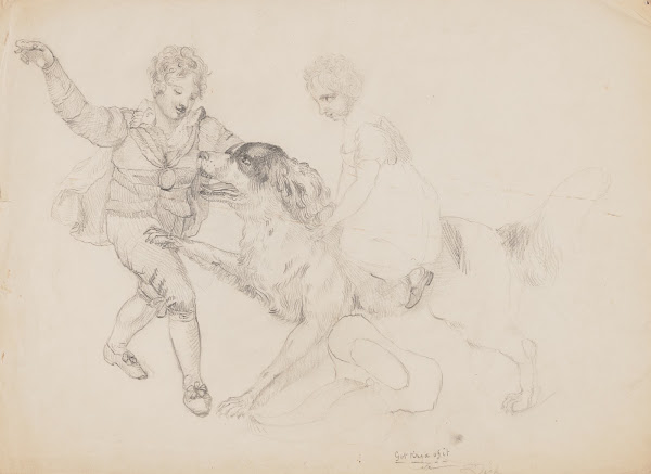 A boy and a girl playing with a large dog 1840