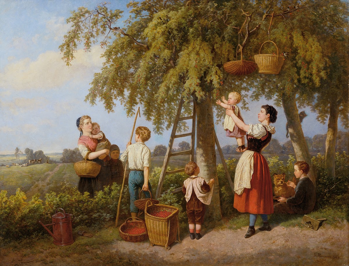 Die Kirschenernte Bauernfamilie im Obstgarten 1868