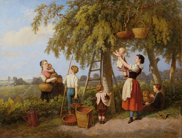 Die Kirschenernte Bauernfamilie im Obstgarten 1868