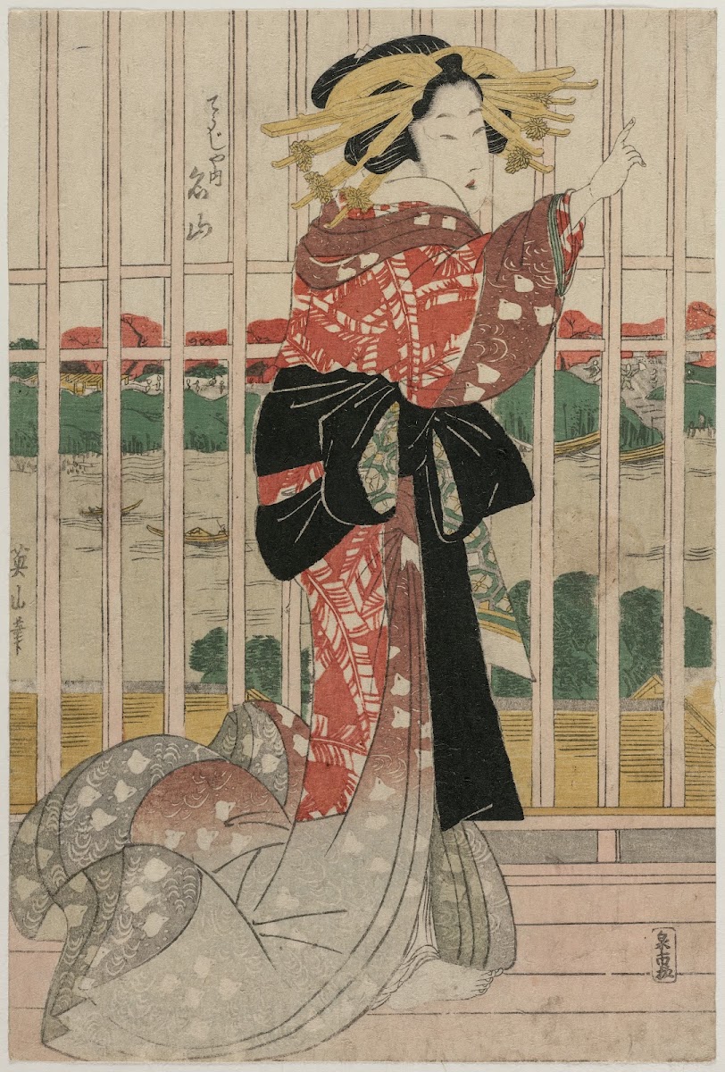 The Courtesan Meizan of the Chojiya on a Balcony Overlooking the Sumida River ca
