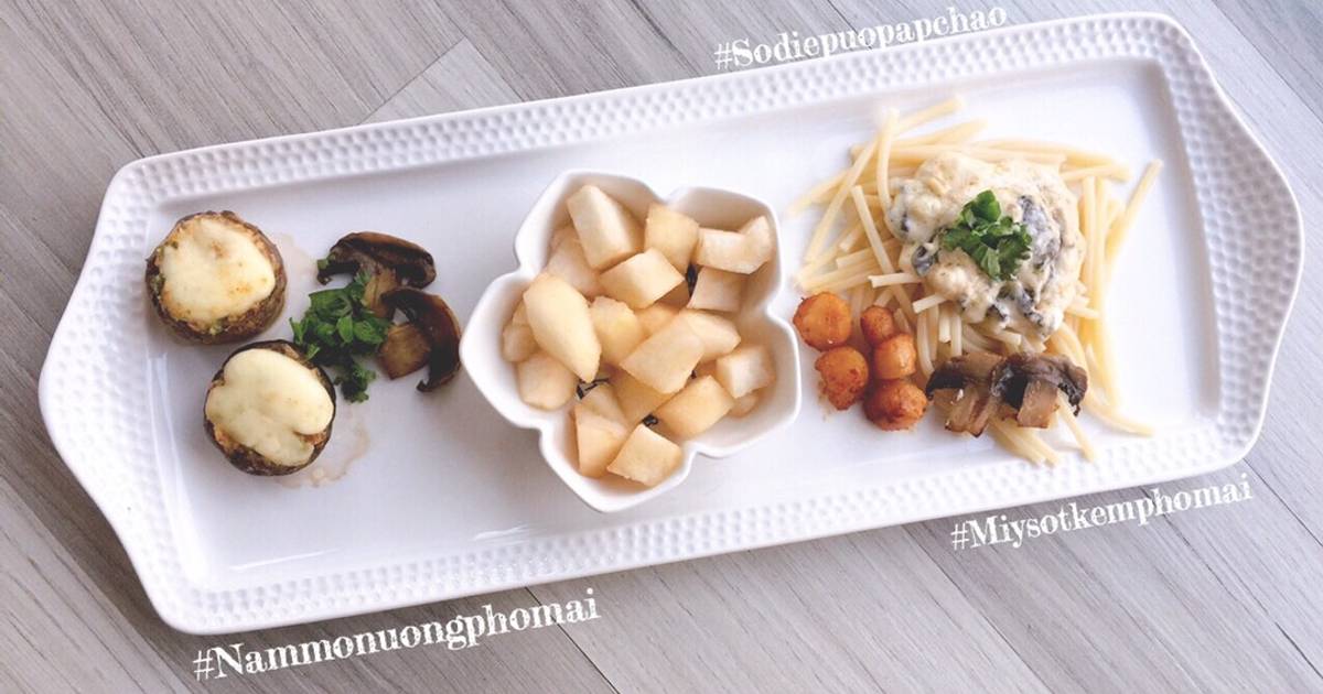 Nấm mỡ nướng phô mai - mì ý sốt phô mai - bé ăn dặm