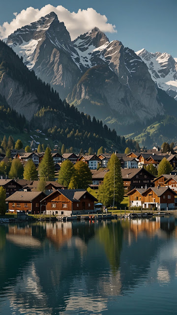 Swiss Alpine Village Reflection in Lake with Snow Peaks - Free mobile Wallpaper
