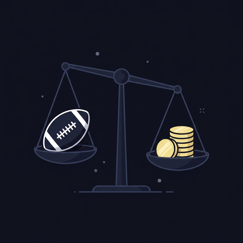 Minimalist vector balance scale with a football on one side and a stack of coins on the other on a dark Funded Plays background representing cowboys point spread