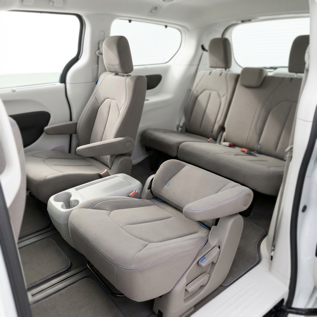Close up interior comparison of second row captain seats and third row space in a minivan with neutral upholstery and daylight through windows mini vans for sale