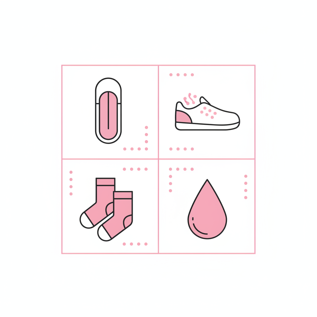 Minimalistische Vektor-Infografik zu Nagelpilz wiederkehrend mit vier Icons (Nagel, Schuh, Socken, Blutstropfen) in NailX-Farben auf weißem Hintergrund