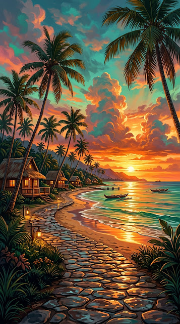 Colorful Tropical Beach Sunset With Palm Trees And Huts - Free mobile Wallpaper