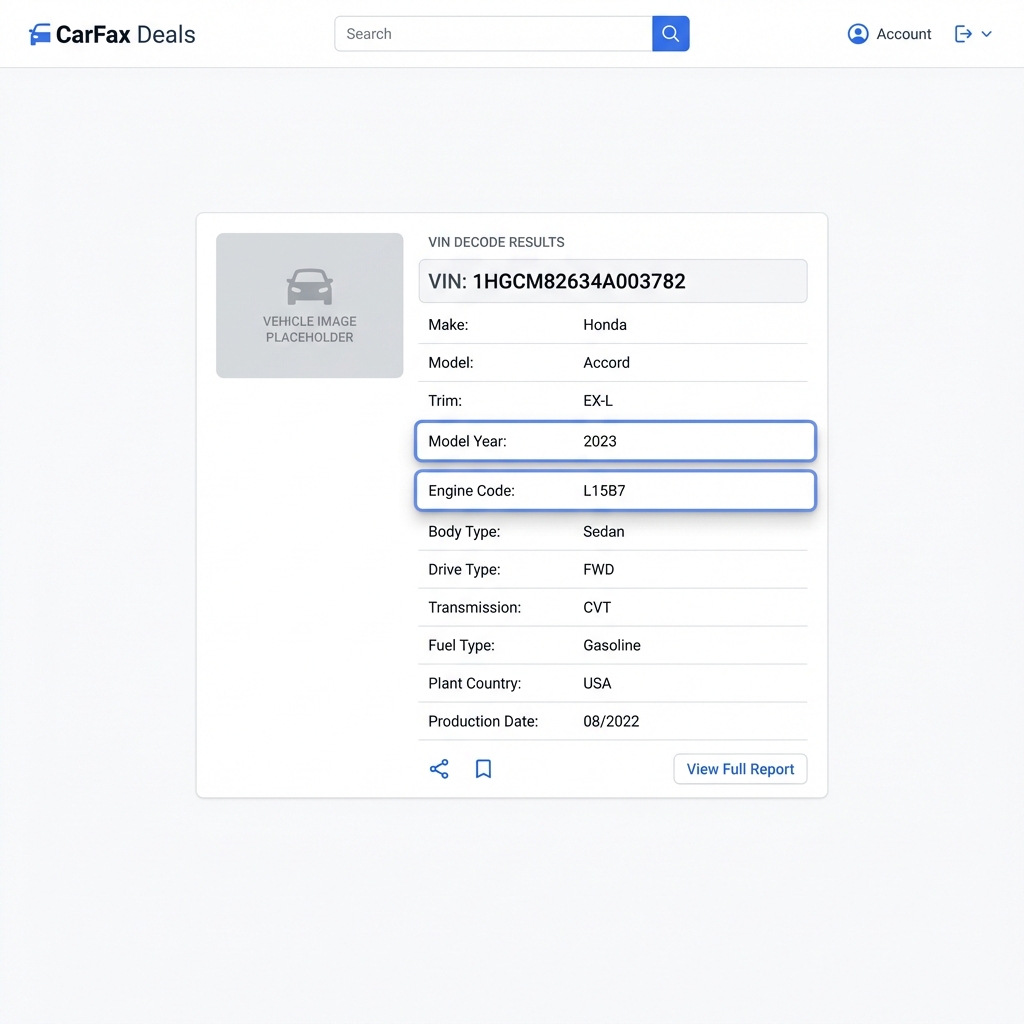 vin lookup kbb screenshot showing a clean CarFax Deals VIN decode with model year and engine code highlighted in blue on a white minimalist interface