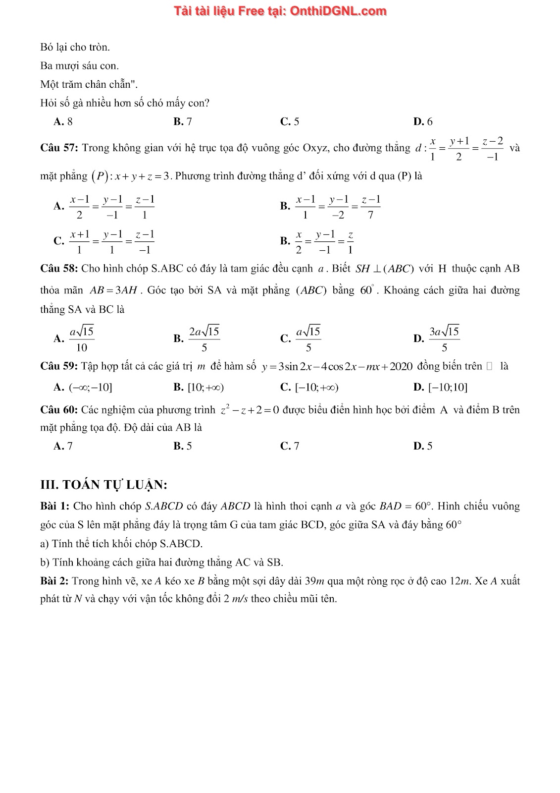 475 bài tập môn Toán - Ôn thi ĐGTD ĐH Bách Khoa Hà Nội Phần 12