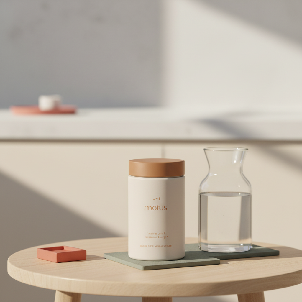 Motus supplement jar on a small wooden table with a carafe of water and folded towel in a minimalist kitchen background — how long do probiotics take to help you lose weight